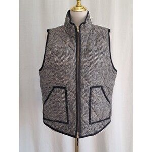 J.Crew Down Filled Vest Black Tan Herringbone 2 Way Zip Snap Pockets Size L Vest